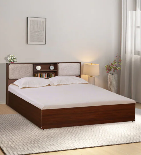  Yokohama King size Bed in Planked Walnut Finish with Hydraulic Storage & Upholstered Headboard Storage 