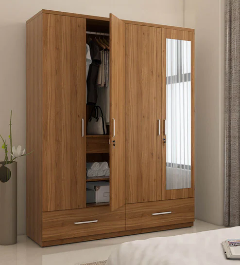  Kosmo Linden 4 Door Wardrobe With Mirror In Natural Finish With Locker & Drawer 